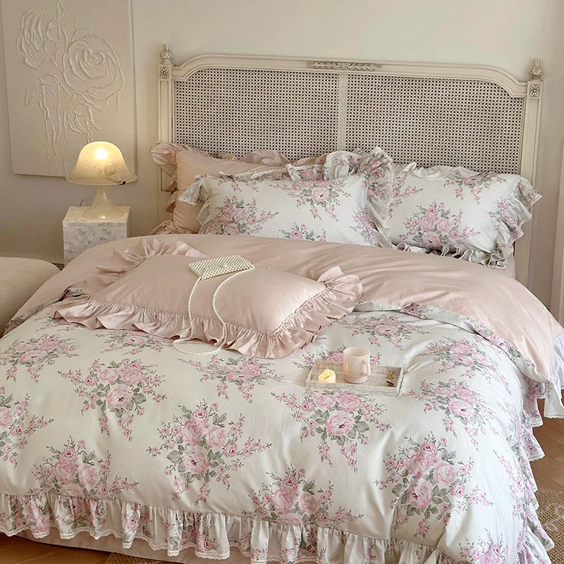 Luxury Vintage French Rose Flowers Print Lace Ruffles Bedding Set 1000TC Egyptian Cotton Duvet Cover Set Bed Sheet Pillowcases