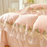 Pink Super Soft Velvet Fleece Luxury Princess Bedding Set Flowers Embroidery Lace Ruffles Duvet Cover Set Bed Sheet Pillowcase