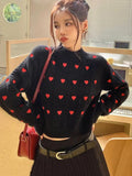 Oklulu Women Fashion Heart Love Embroidery Knitted Pullover Sweater Vintage Long Sleeves O-Neck Female Chic Lady Tops