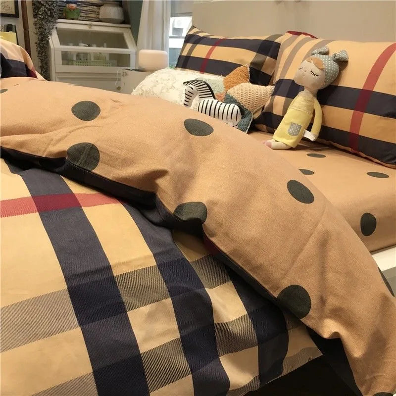 OKLULU  -  100%Cotton Bedding Set Luxury Brown Plaid Stripe Pattern Pillow Cover Sheet Quilt Cover Boys'/ girls' Bedroom Queen King Twin