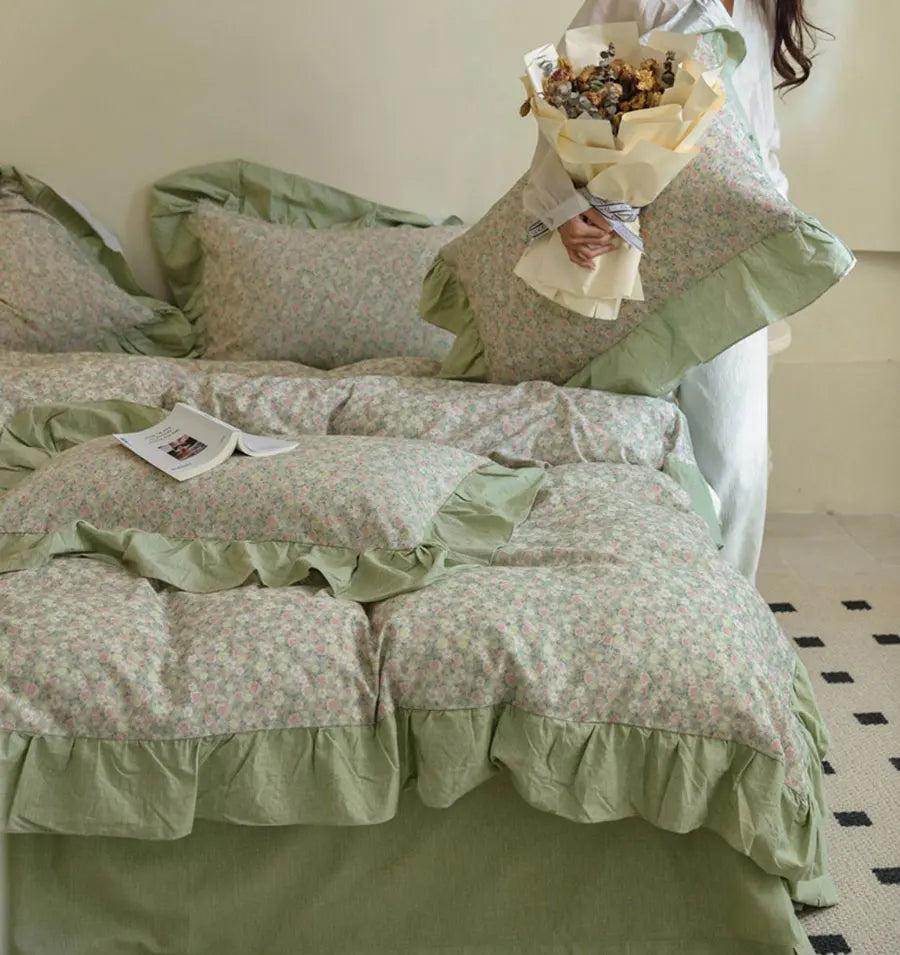 OKLULU  -  Fresh fashion green flower bedding set,full queen king rustic floral sand cotton home textile bed sheet pillow case duvet cover