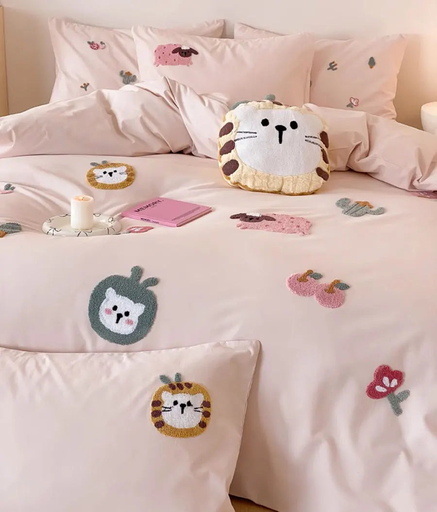 OKLULU  -  Cute cartoon embroidery pink green bedding set teen double,full queen king cotton home textile bed sheet pillow case quilt cover