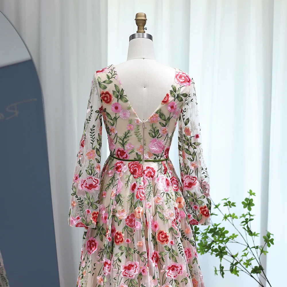 Luxury Embroidery Long Evening Dresses  Garden Floral Vintage Formal Prom Dress for Women Wedding Party