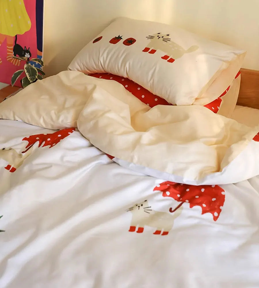 OKLULU  -   Cute Cartoon Pig Cat Red Bedding Set1.2 1.5 1.8 2.0,twin Full Queen King Cotton Home Textile Bed Sheet Pillow Case Quilt Cover