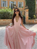 OKLULU  -  Summer Sexy Women Backless plaid V-neck Party Dress Strapless Women's Lace Up Fold Solid Robe 2024 New Vacation Lady Dresses