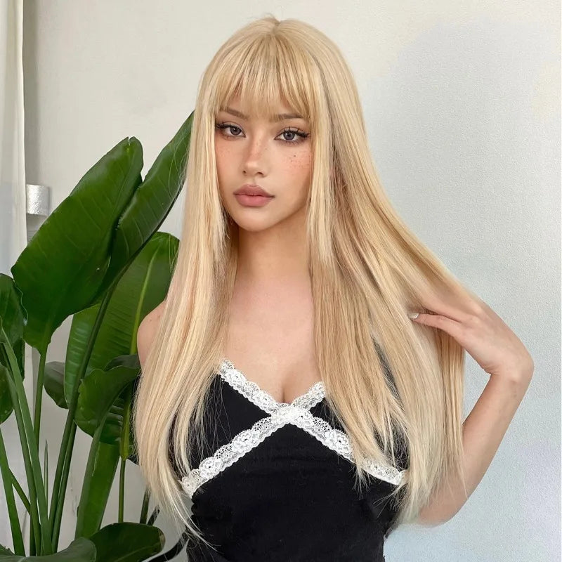 OKLULU  -  wigs Gold Long Straight Synthetic Heat Resistant Blonde Wig with Bangs for Women daily use Wigs for Cosplay Party Halloween