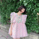 OKLULU  -  Women Pink O neck Floral Printed Flying Sleeve Puffy Dress 2024 Summer New Sweet Fairy Short Dresses Female Vestidos