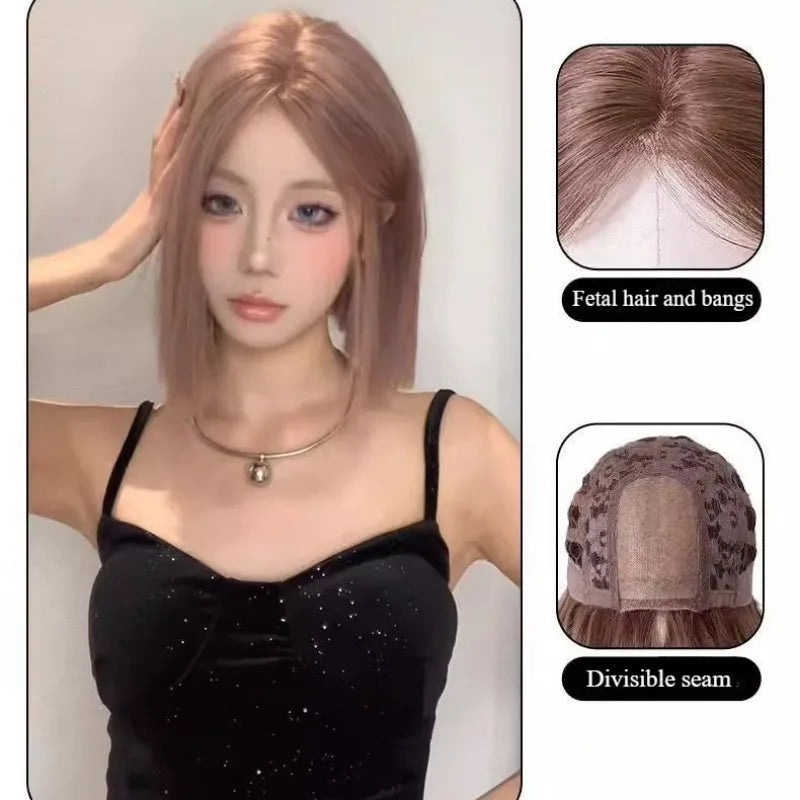 OKLULU  -  Pink Short Bob Straight Synthetic wigs for Cosplay Lolita Fake Hair for White Women Party Natural Wig High Temperature