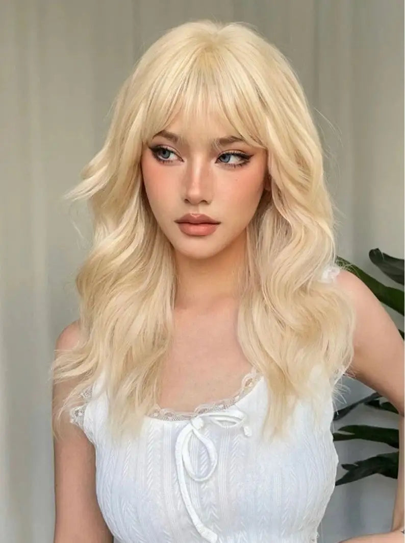 OKLULU  -  Long Curly Blonde Synthetic Wig with Bangs,Long Blonde Wig,Natural Looking Cosplay wigs for women human hair