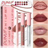 OKLULU  -  3Pc Velvet Matte Lipstick Pen Nude Brown Lip Liner Pencil Kit Rose Red Matte Lipliner+Lip Gloss+Lip Oil Set Waterproof Lips Tint