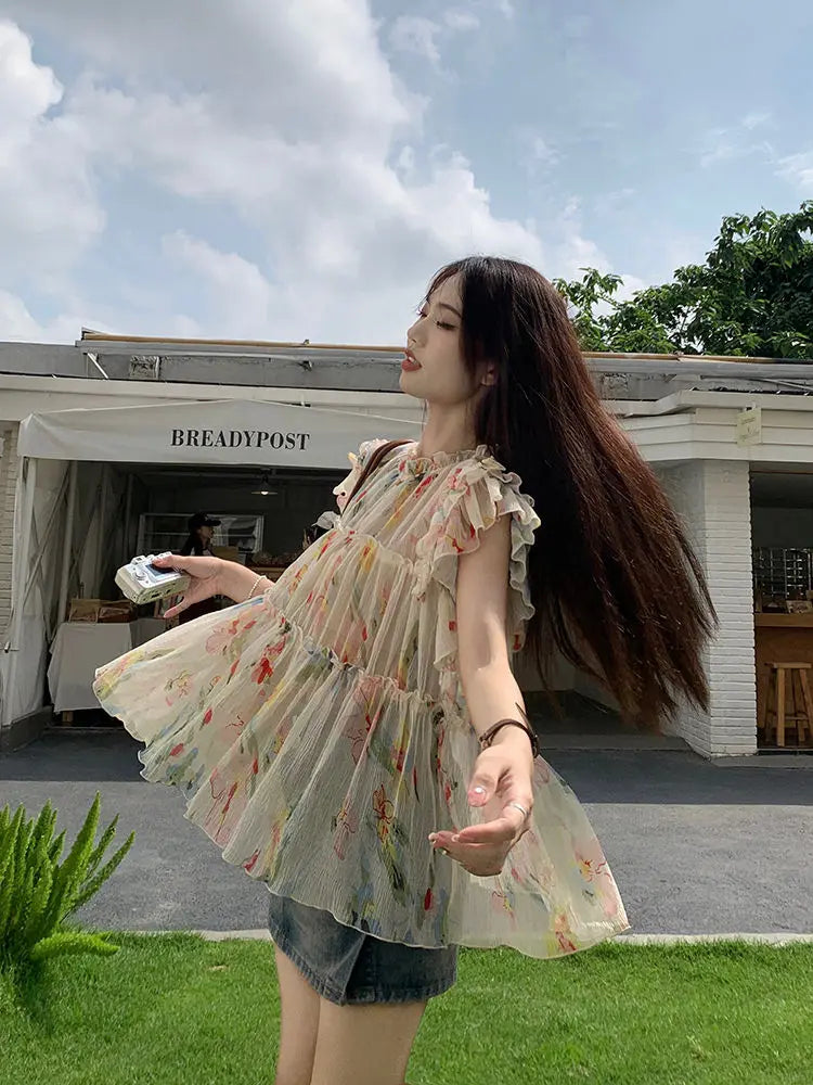 OKLULU  -  Elegant Floral Print Chiffon Beautiful Blouse Women Flying Sleeve Shirt Spring Summer Fairycore Pleated Tops Aesthetic