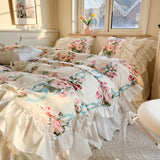 White Lace Flowers Printed Duvet Cover Set 100% Cotton Korean Style Princess Ruffles Bedding  Bed Skirt Bedspread Pillowcases