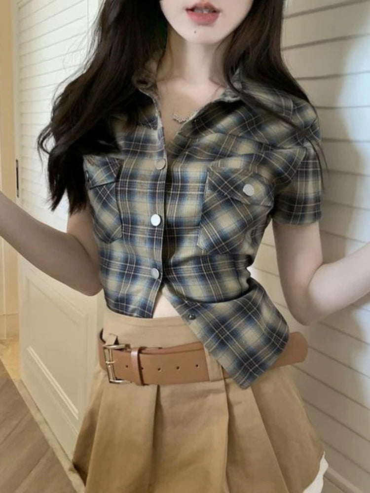 OKLULU  -   Vintage Short Sleeve Plaid Shirt Women 90s Button Up Cardigan Blouse Female American Retro Sexy Cargo Tight Tops