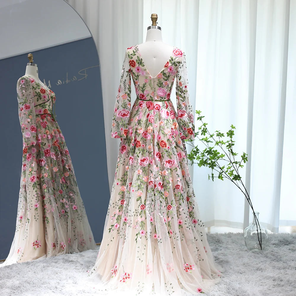 Luxury Embroidery Long Evening Dresses  Garden Floral Vintage Formal Prom Dress for Women Wedding Party