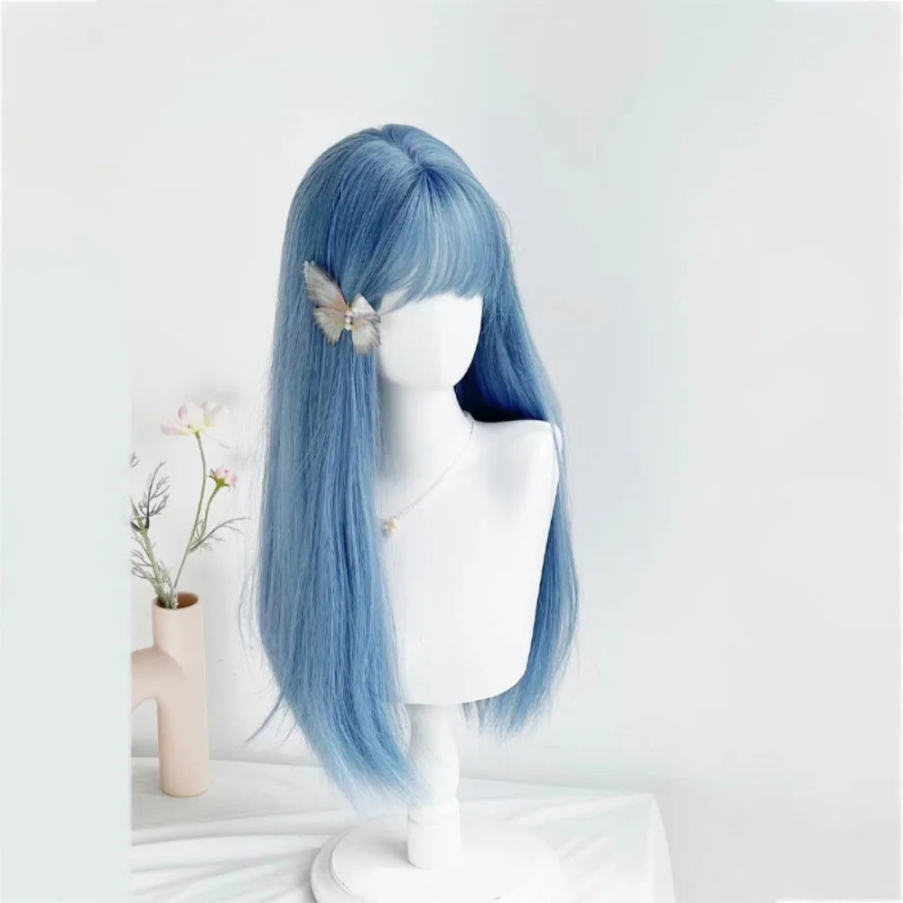 OKLULU  -   Wig for Women Blue Wigs with Bangs Long Straight Hair 24inch Cosplay Natural Headband Synthetic Wig  Pelucas