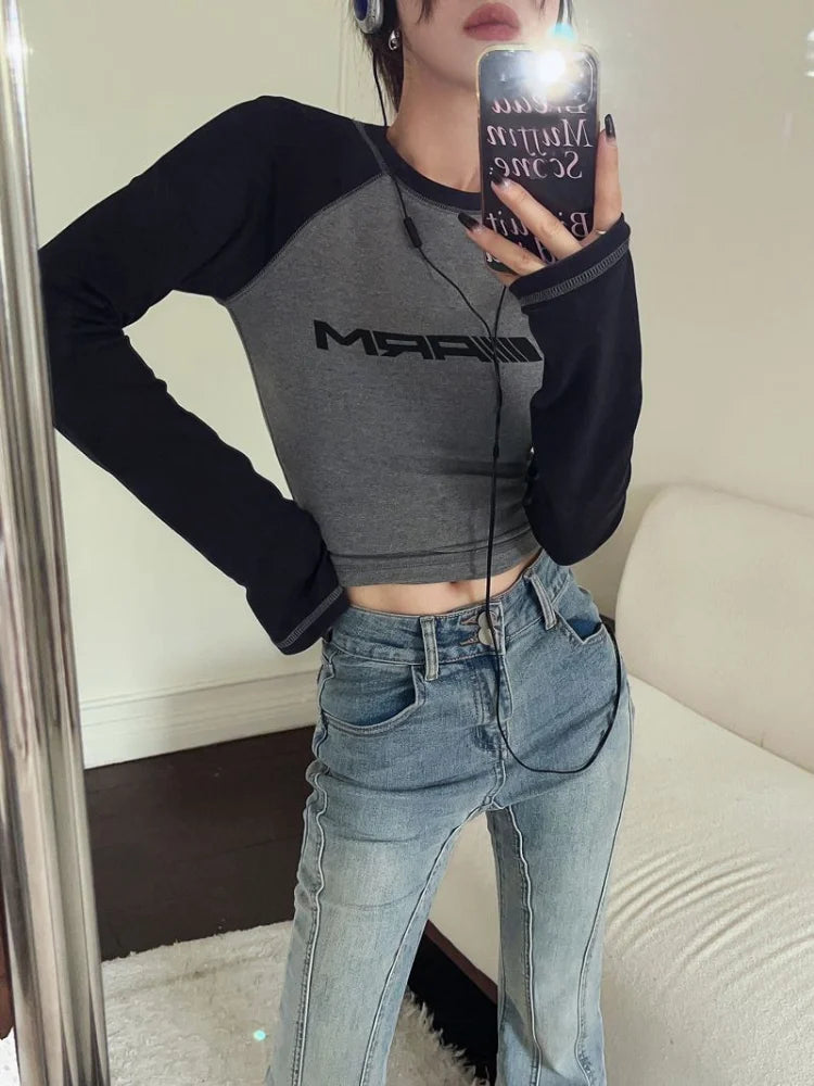 Oklulu Y2k Slim T-shirts Women Patchwork Long Sleeve Top Female Fashion Letter T Shirt Ladies American Retro Casual Top Streetwear