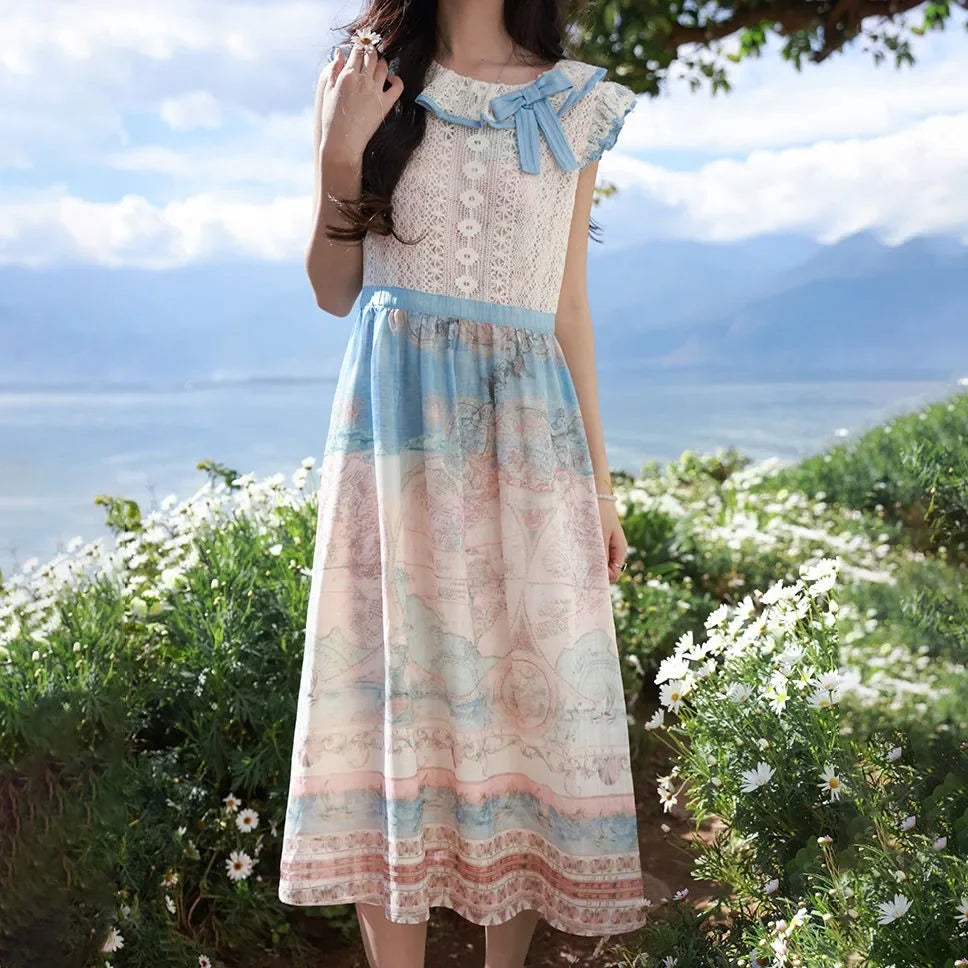 OKLULU  -  2024 Sweet Oil Painting Style Dress For Women Summer New Atmosphere Casual Elegant Bow Lace Round Neck A-Line Party Long Dresses