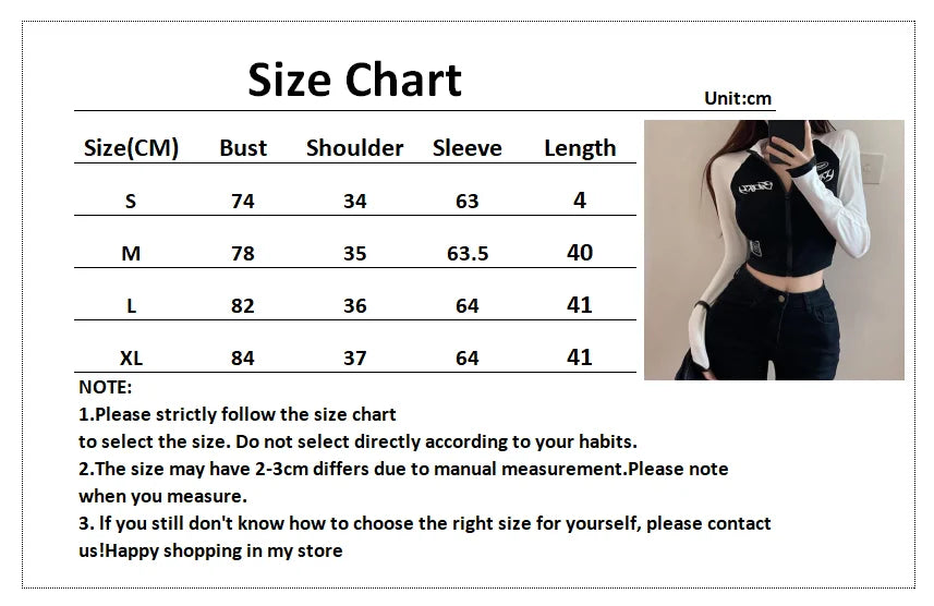 Oklulu Punk Style Shirt Women Stitched Crop Top Zip Up Skinny Long Sleeve T-shirts Women Streetwear Casual Slim Fit Tee Y2k Top