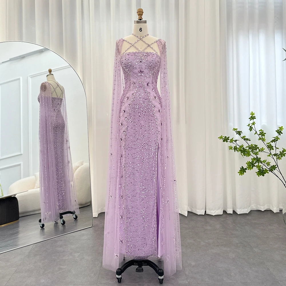 Luxury Dubai Aqua Lilac Arabic Mermaid Evening Dress with Cape Sleeves Criss Cross Women Wedding Party Gowns