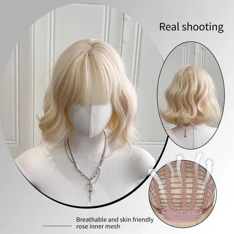 OKLULU  -  Blonde Short Curly Bob Synthetic Wigs with Bangs Platium Golden Lolita Cosplay wigs for Women Daily Party Heat Resistant