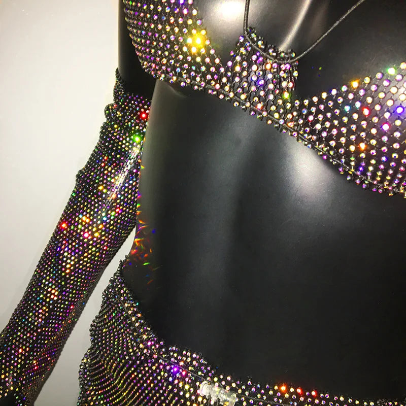 Oklulu Glitter Rhinestone 3 PCS Set Women See Through Backless Crop Top With Party Mini Skirt And Shiny Sleeve Rave Festival Outfits