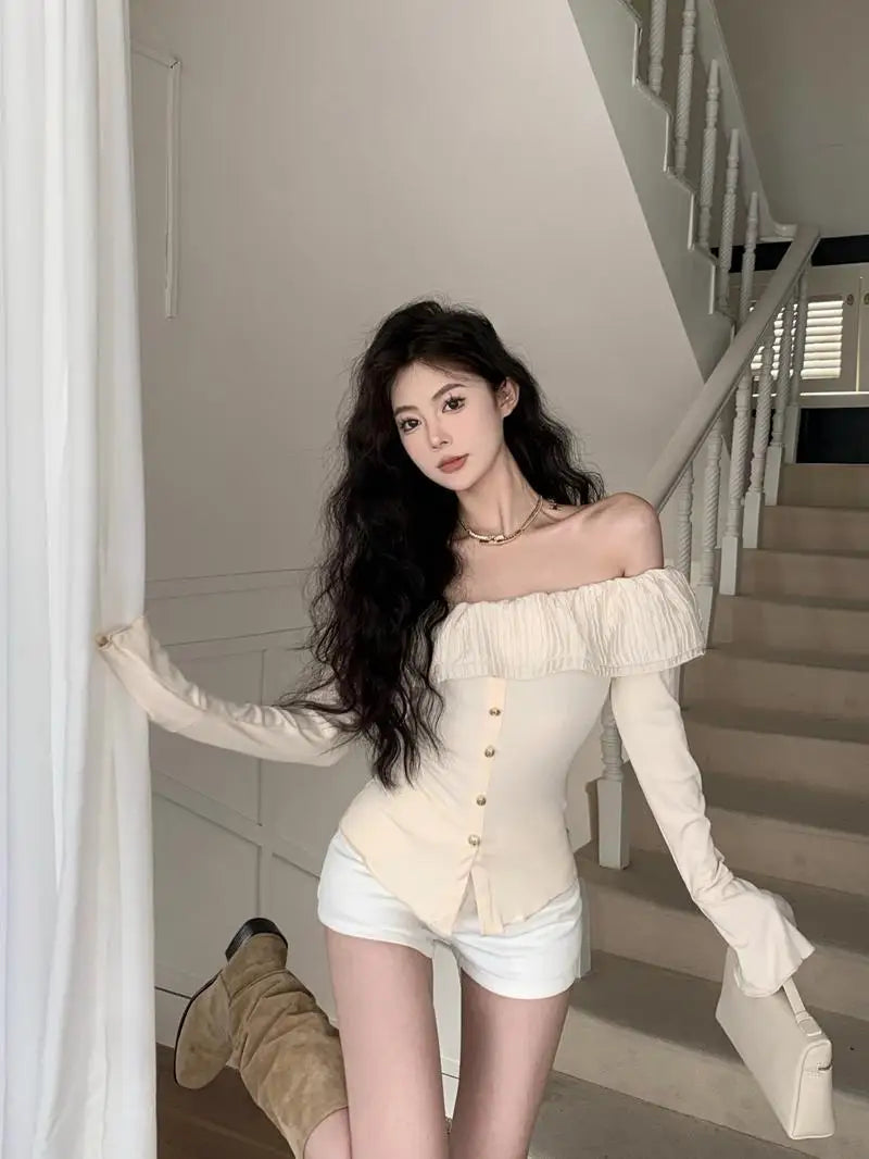 Oklulu Off Shoulder T Shirt Women Y2K Sexy Long Sleeve Top Female Hot Sweet Fashion Slash Neck Tee Lady Korean Style Ruffle Slim T-Shirt