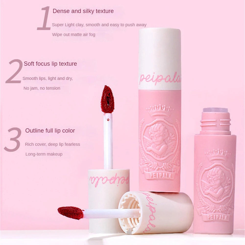 Oklulu Angel Embossed Lip Mud Lip Gloss Matte Lipstick Easy To Color Long Lasting Silky Muddy Lip Glaze Pigment Lip Makeup Cosmetics