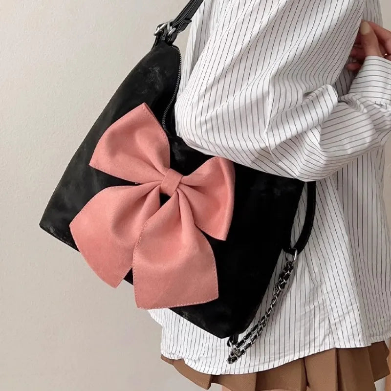 OKLULU  -  Pink Bow Womens Shoulder Bag Korean Style Fashion Large Capacity Sweet Backpack Cute Exquisite Elegant New Female Tote Bag