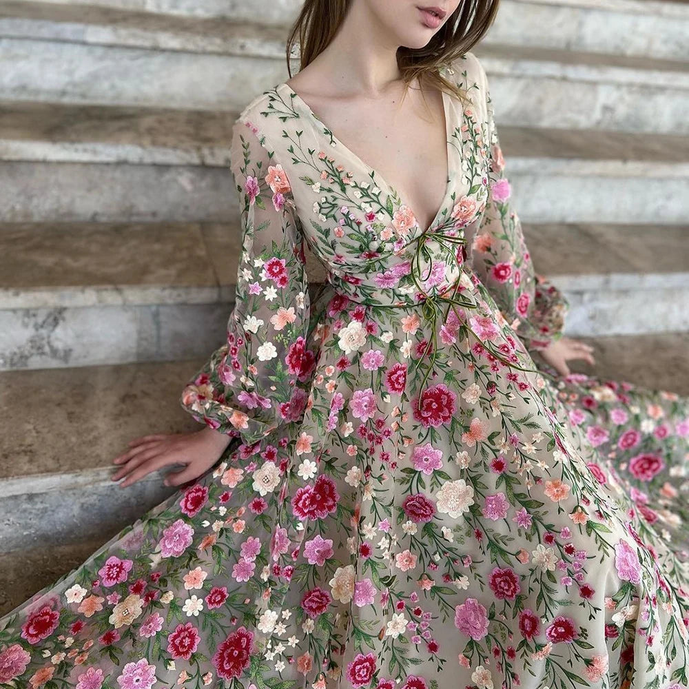 Luxury Embroidery Long Evening Dresses  Garden Floral Vintage Formal Prom Dress for Women Wedding Party