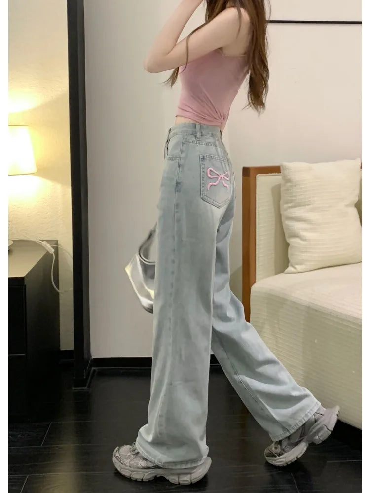 OKLULU  -  Sweet Blue Jeans for Women Bow Embroidery Straight Denim Trousers Y2k Vintage Korean Style Baggy High Waist Jeans Casual