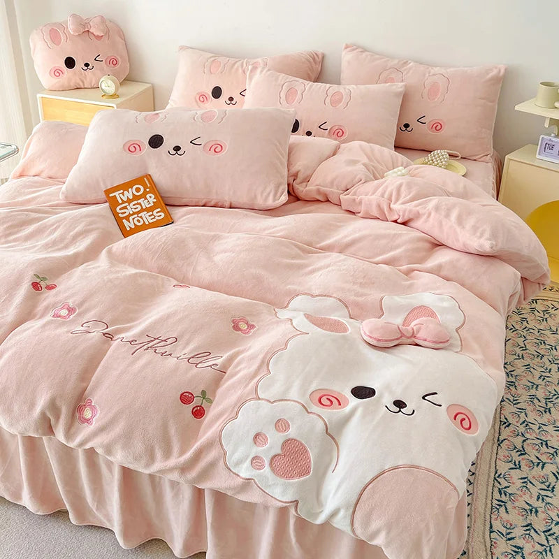 Pink Cute Cartoon Rabbit Applique Embroidery Bedding Set Velvet Fleece Duvet Cover Bed Sheet Fitted Sheet Bed Skirt Pillowcases