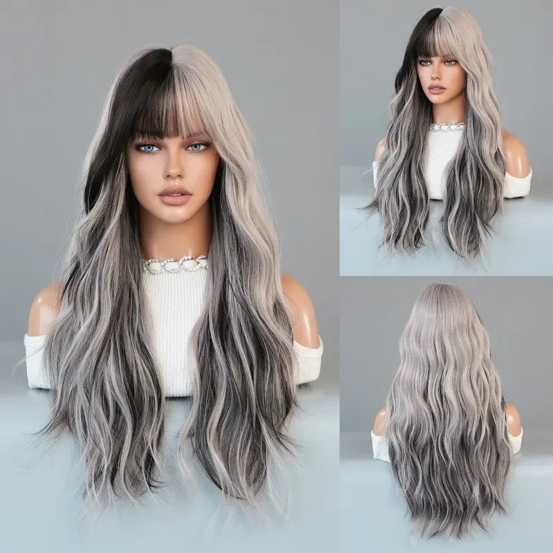 OKLULU  -  Synthetic Silver Ash Wavy wigs With Bangs Natural Soft Woven Body Long Curly Wig For Women Daily Party cosplay Costume Wigs