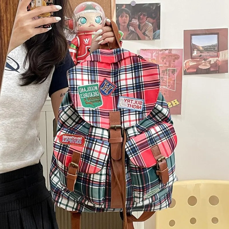 OKLULU  -  Vintage Women Backpacks Large Capacity Aesthetic Plaid Punk Mochilas Para Mujer Casual Students Daily Commute Bag Female