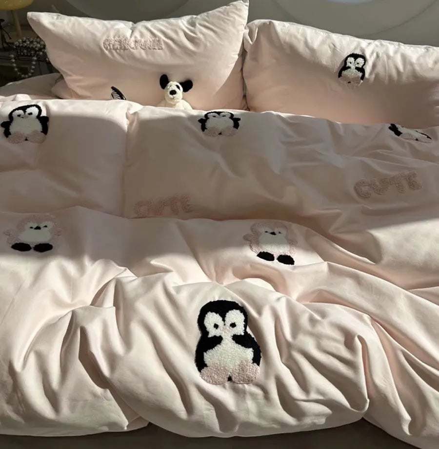 OKLULU  -  Fashion towel embroidery penguin bedding set,full queen king kawaii sand cotton home textile bed sheet pillow case quilt cover