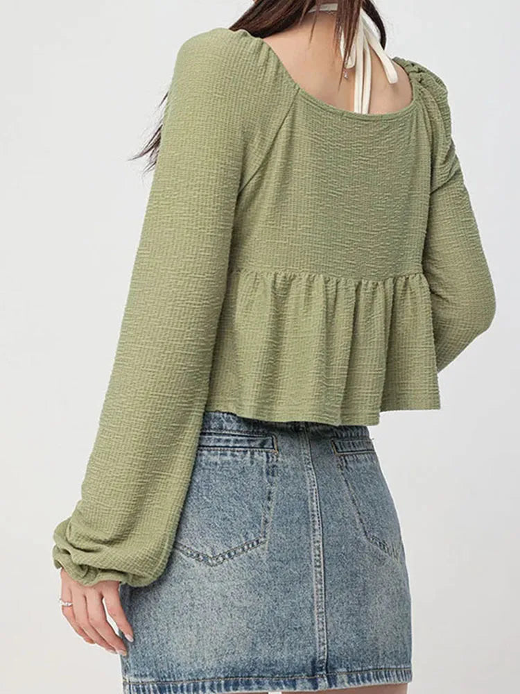 Oklulu Green Two Pieces Set T Shirts Women Solid Color Thin Cardigan Ladies Lace Up Hanging Neck Tank Korean Long Sleeve Ruffle Tops