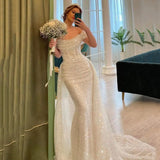 Oklulu  Princess Glitter Sequins Wedding Dresses With Detachable Train 2023 Shiny Mermaid Bridal Dress For Women Party Gowns