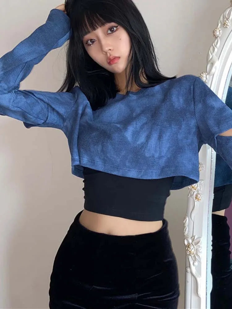 Oklulu Tie Dye T-shirts Women Blue Removable Sleeve Trendy Korean Style Chic Club Streetwear Popular Female Crop Top Ins Sexy Slim Tee