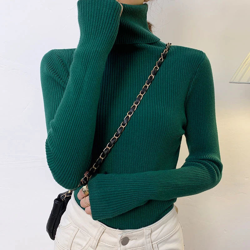 Oklulu Harajuku Pullover Turtleneck Sweater Women Fall Soft Knit Sweater Slim Elastic Korean Simple Basic Cheap Jumper Solid Tops