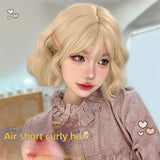 OKLULU  -  Short Curly Bob Wigs with Bangs Champagne Gold Natural Synthetic Hair for Women Daily Cosplay Heat Resistant Fiber Wigs 여장