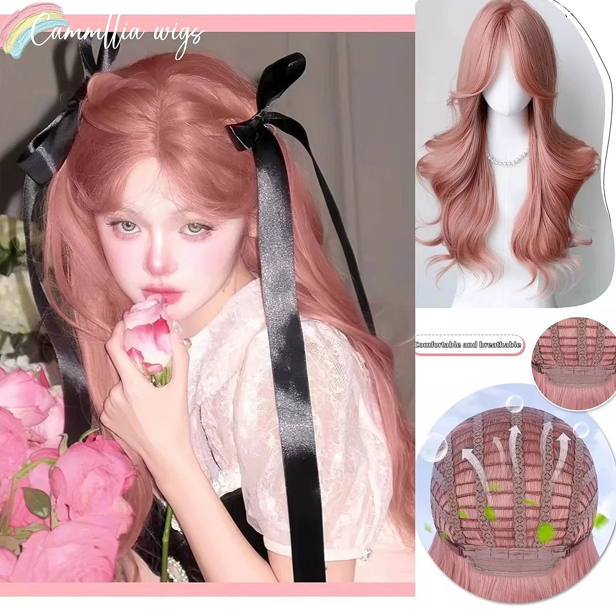 OKLULU  -  Pink Wig for Women Long Wavy Pink Lolita Cosplay Wig Sweet Nature Wave Headband Synthetic Wig