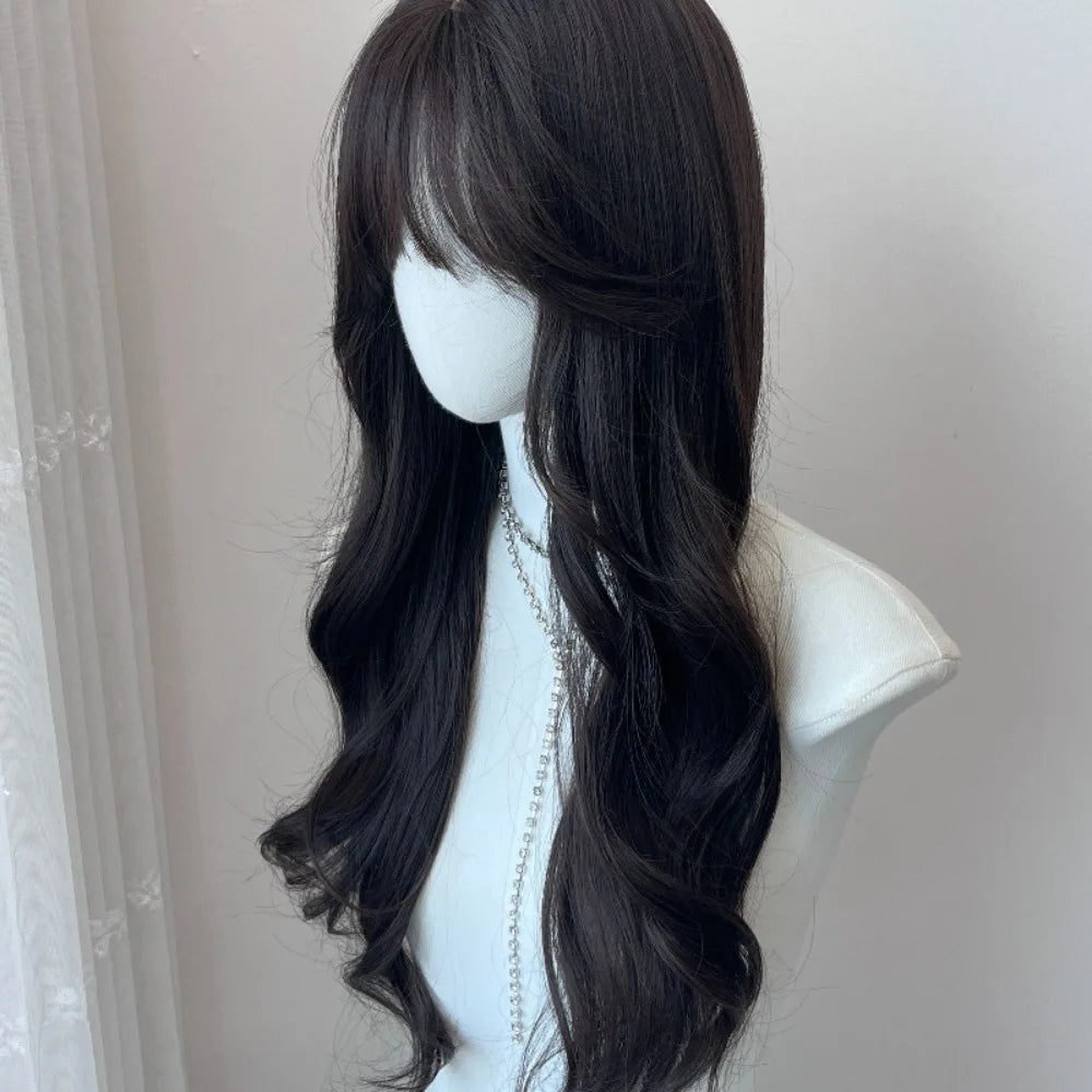 OKLULU  -  Long Wave Wig Black Wavy Wigs with Bangs Naturally Soft Synthetic Wig for Cosplay Daily Use Heat Resistant Headband Wigs