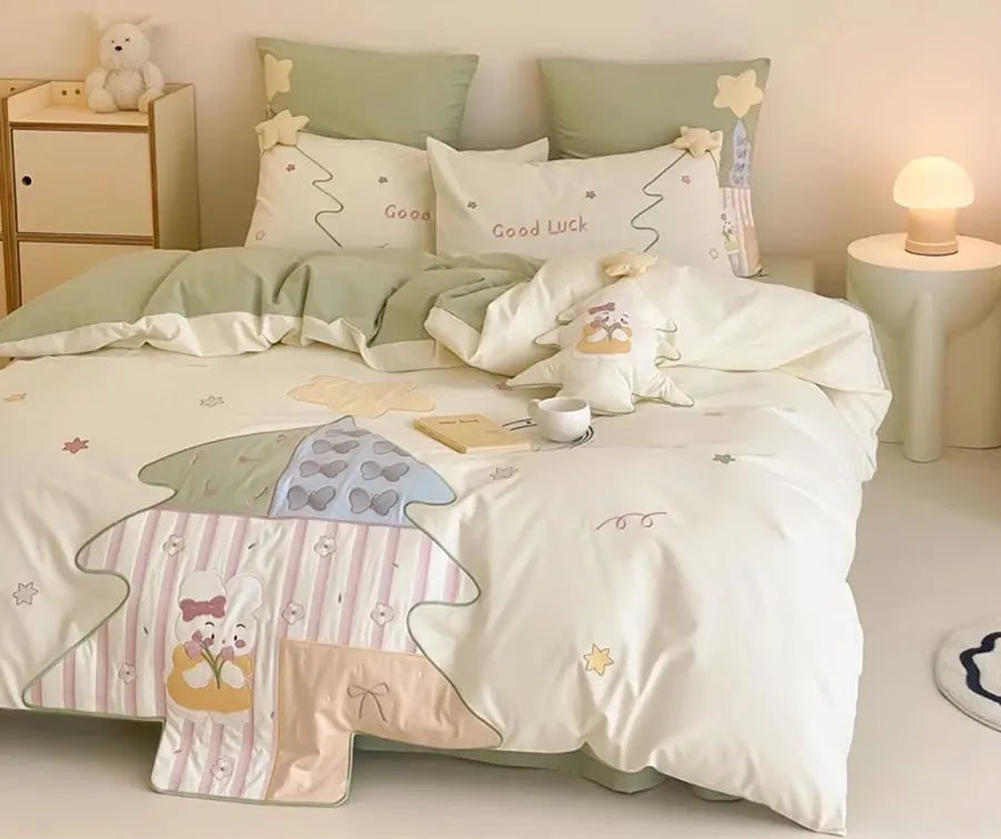 OKLULU  -  Fashion cute embroidery rabbit green bedding set double,full queen king cotton home textile bed sheet pillow case quilt cover