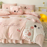 Pink Cute Cartoon Rabbit Applique Embroidery Bedding Set Velvet Fleece Duvet Cover Bed Sheet Fitted Sheet Bed Skirt Pillowcases