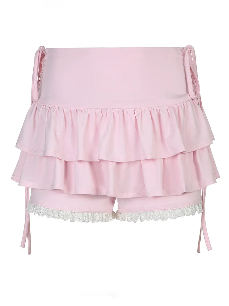 Oklulu Y2K Mini Skirt Women Sweet Pink Coquette Skirts Female Kawaii Ballet Style Lace Short Skirt Ladies Vintage Fashion Ruffle Faldas