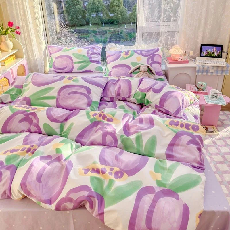 100% Cotton Flower Bedding Set Ins Flora Quilt Cover Bed Flat Fitted Sheet Set For Girls Woman Bedclothes Home Textiles