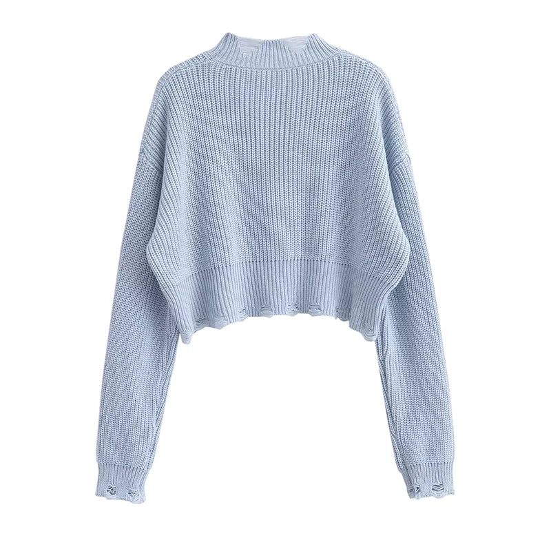 Oklulu New Autumn Women Vintage Lazy Hole Crop Knit Sweater Oversize Pullover Chic Top