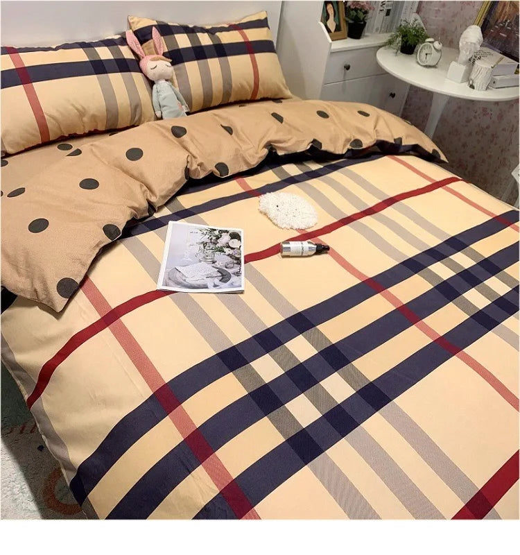 OKLULU  -  100%Cotton Bedding Set Luxury Brown Plaid Stripe Pattern Pillow Cover Sheet Quilt Cover Boys'/ girls' Bedroom Queen King Twin