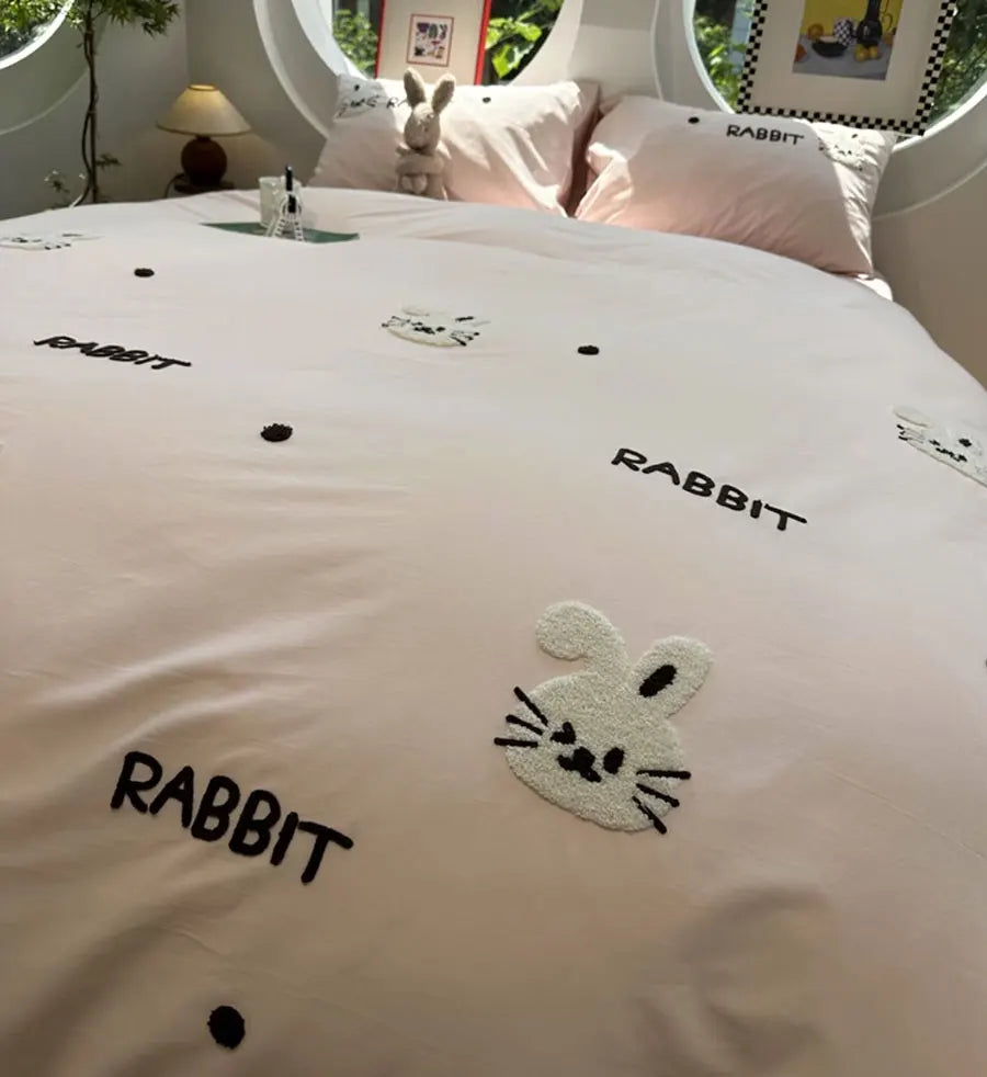 OKLULU  -   Cute Cartoon Embroidery Rabbit Bedding Set Teen,twin Full Queen King Bunny Cotton Home Textile Bed Sheet Pillow Case Quilt Cover