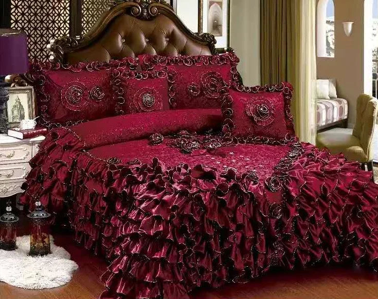 Luxury Champagne Wedding Style Jacquard Stereoscopic Lace Bedspread Bed skirt Bed Shett Coverlet Bed Cover Set Pillowcases