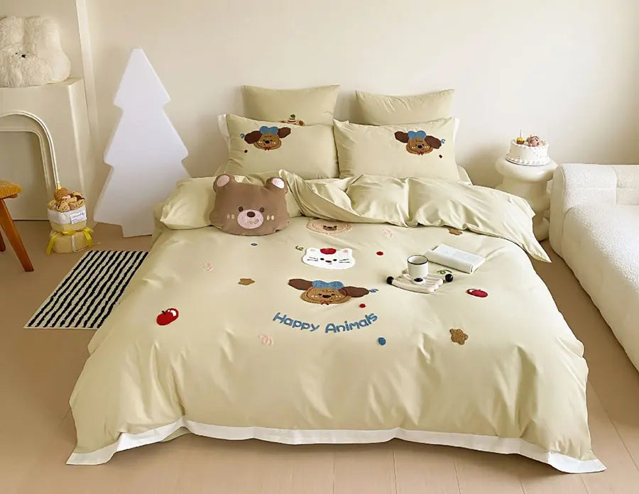 OKLULU  -  Fashion cute embroidery dog cat bear bed set 1.2 1.5 1.8,twin full queen cotton home textile bed sheet pillow case duvet cover